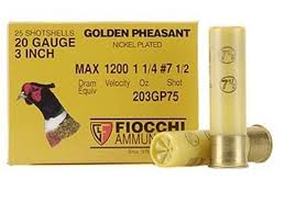 Fiocchi Golden Pheasant Ammunition 20 Gauge 3" 1-1/4 oz #7-1/2 Nickel Plated Shot Box of 25