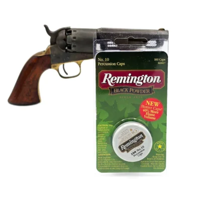 Box of Remington #10 caps next to a black revolver